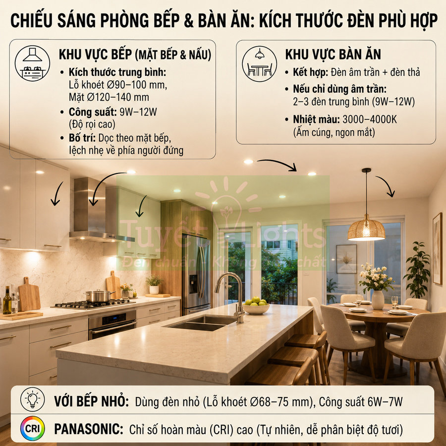 Đèn âm trần và đèn thả Panasonic chiếu sáng phòng bếp và bàn ăn hiện đại, mặt đá và tủ bếp trắng