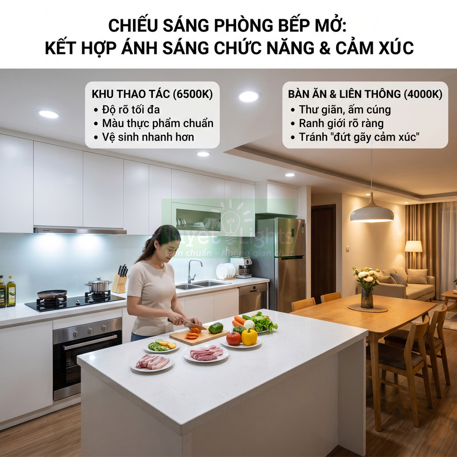 Chiếu sáng phòng bếp mở với đèn trần LED cho khu nấu ăn và bàn ăn, tạo không gian sáng rõ và ấm cúng