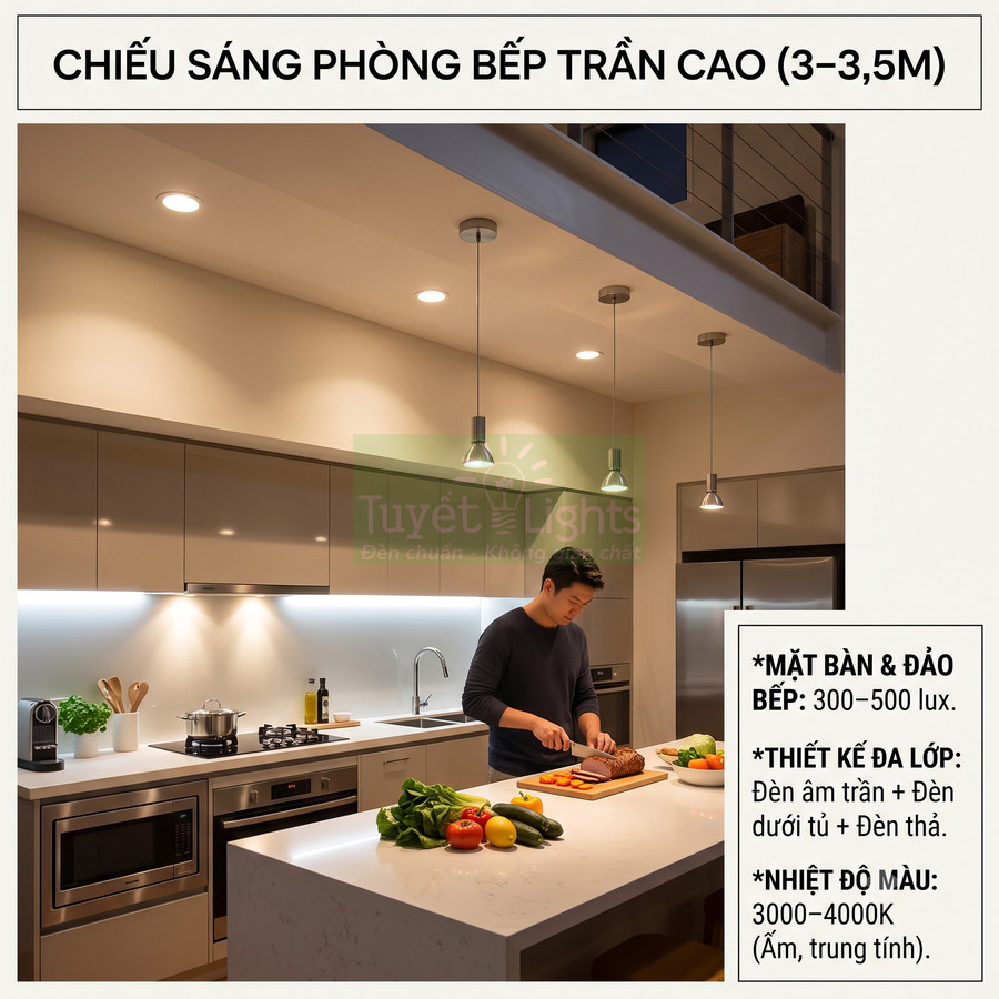 Chiếu sáng phòng bếp trần cao với đèn âm trần và đèn thả trên đảo bếp hiện đại