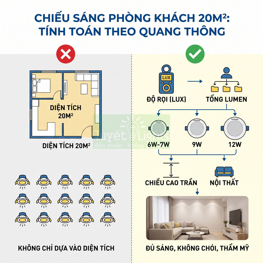 Hướng dẫn chọn đèn LED âm trần 6W 7W 9W 12W chiếu sáng phòng khách 20m2 đủ sáng không chói