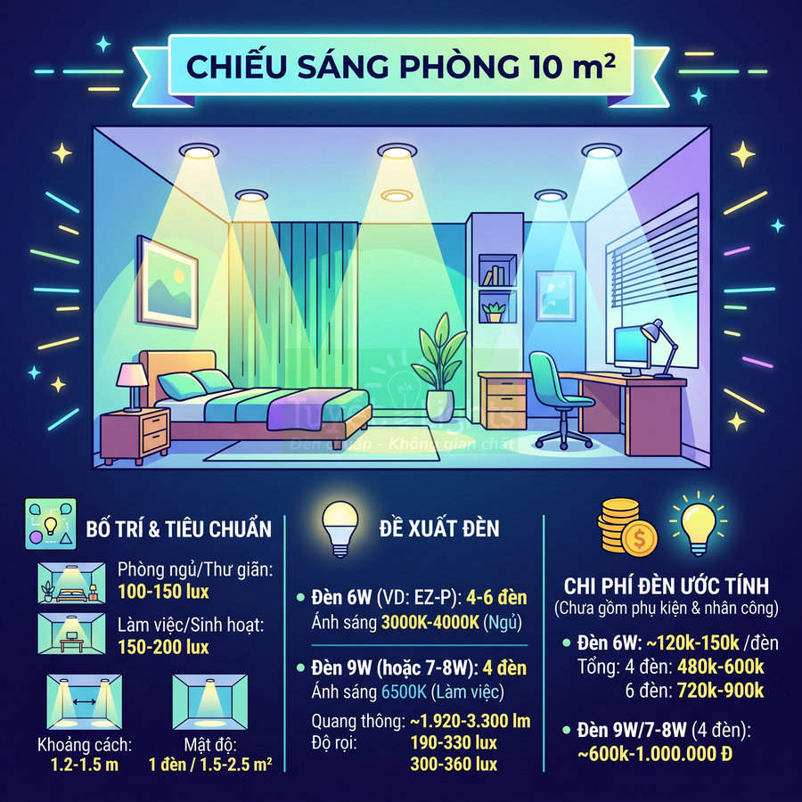 Infographic hướng dẫn chọn số lượng và công suất đèn LED chiếu sáng cho phòng ngủ 10m2