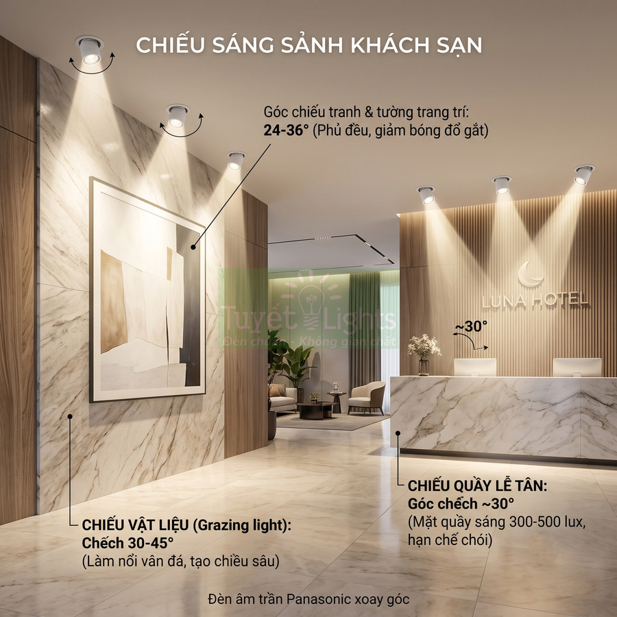 Đèn âm trần Panasonic chiếu sáng sảnh khách sạn hiện đại với quầy lễ tân và tranh tường marble