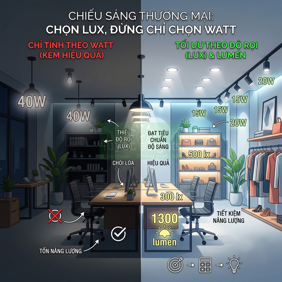 Minh họa so sánh chiếu sáng thương mại theo watt và theo lux lumen trong văn phòng và cửa hàng thời trang