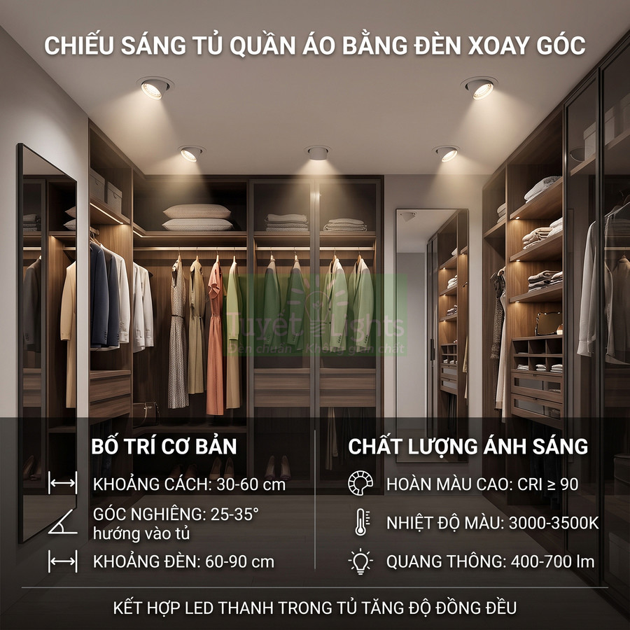 Đèn downlight xoay góc chiếu sáng tủ quần áo âm trần trong phòng thay đồ hiện đại