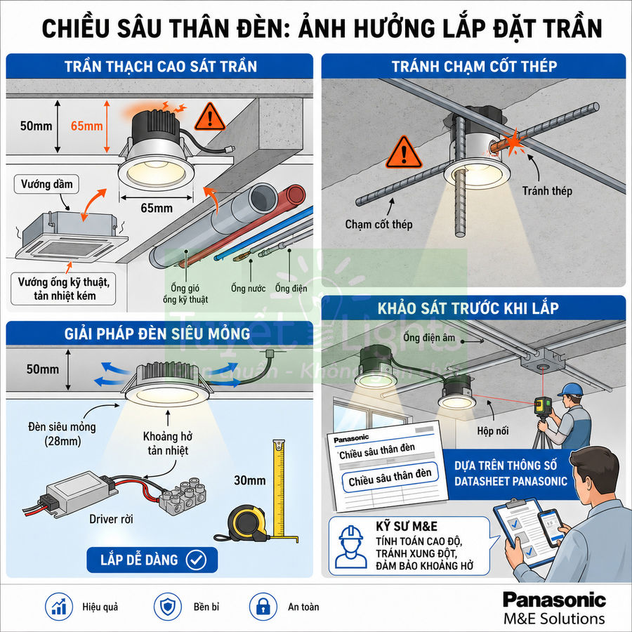 Đèn âm trần siêu mỏng Panasonic và hướng dẫn lắp đặt tránh chạm cốt thép, đảm bảo khoảng hở tản nhiệt