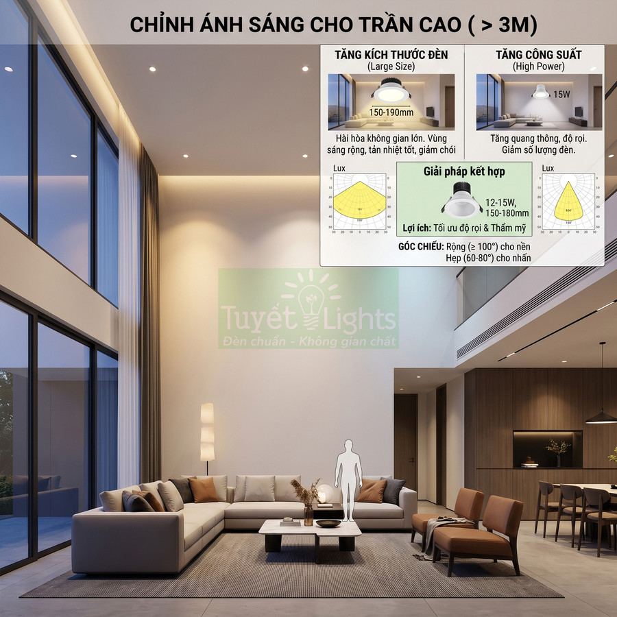 Đèn âm trần Tuyết Lights chiếu sáng phòng khách trần cao hiện đại với sofa và nội thất sang trọng