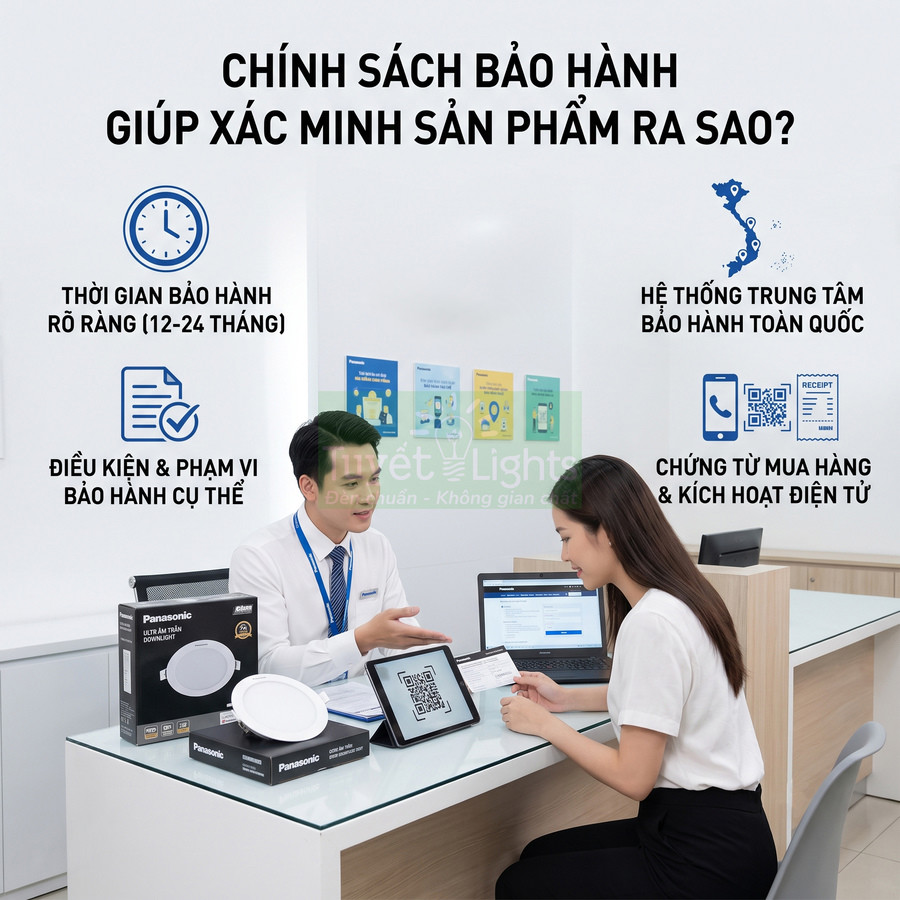 Nhân viên tư vấn bảo hành đèn LED âm trần Panasonic cho khách hàng tại quầy dịch vụ