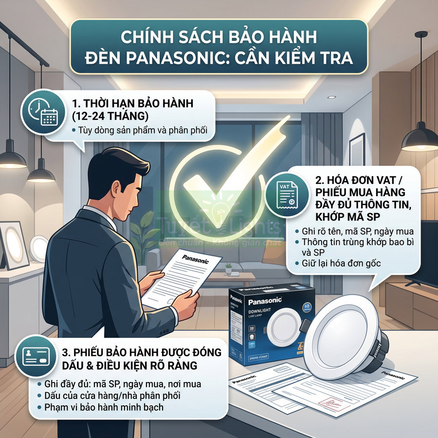 Chính sách bảo hành đèn downlight Panasonic với hộp sản phẩm và giấy tờ bảo hành trên bàn