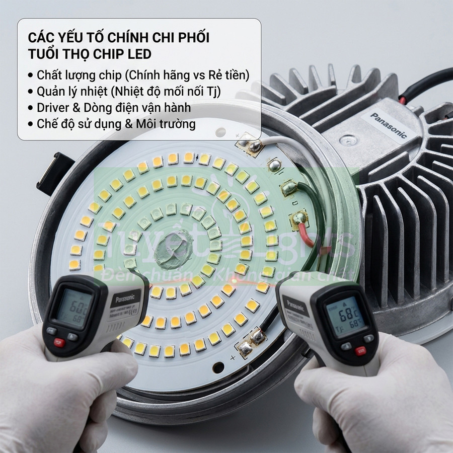 Kiểm tra nhiệt độ chip LED Panasonic bằng nhiệt kế hồng ngoại trong quá trình đánh giá tuổi thọ