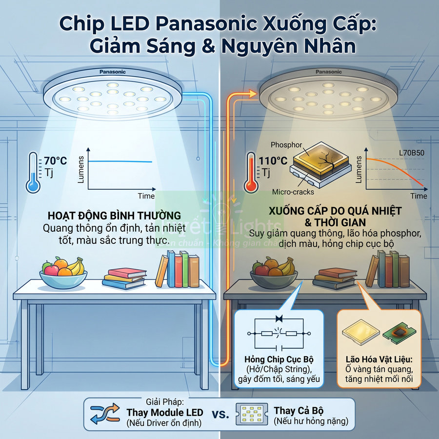 Đèn LED Panasonic âm trần so sánh hoạt động bình thường và suy giảm độ sáng do quá nhiệt, lão hóa chip và vật liệu