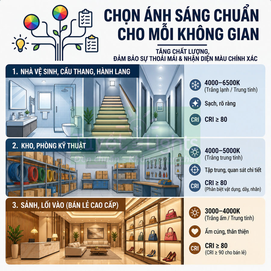 Hướng dẫn chọn nhiệt độ màu và CRI cho đèn chiếu sáng nhà vệ sinh, kho kỹ thuật và sảnh bán lẻ cao cấp