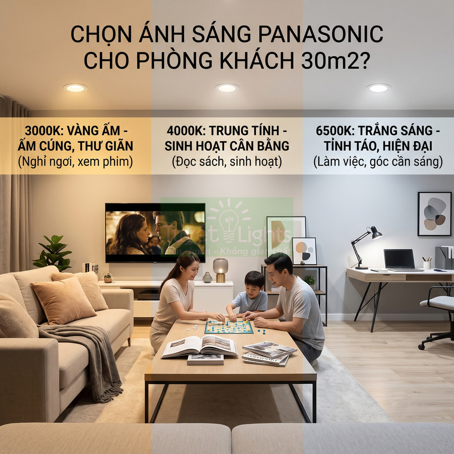 So sánh ánh sáng đèn LED Panasonic 3000K 4000K 6500K cho phòng khách 30m2 và góc làm việc