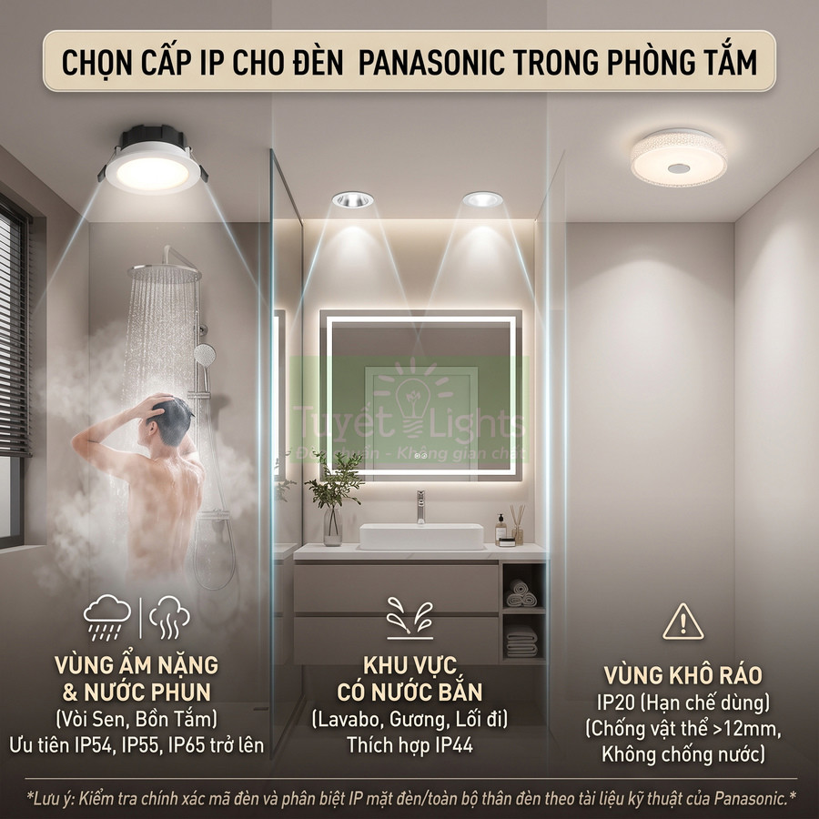 Đèn Panasonic cho phòng tắm với các vùng lắp đặt khác nhau theo tiêu chuẩn chống nước IP