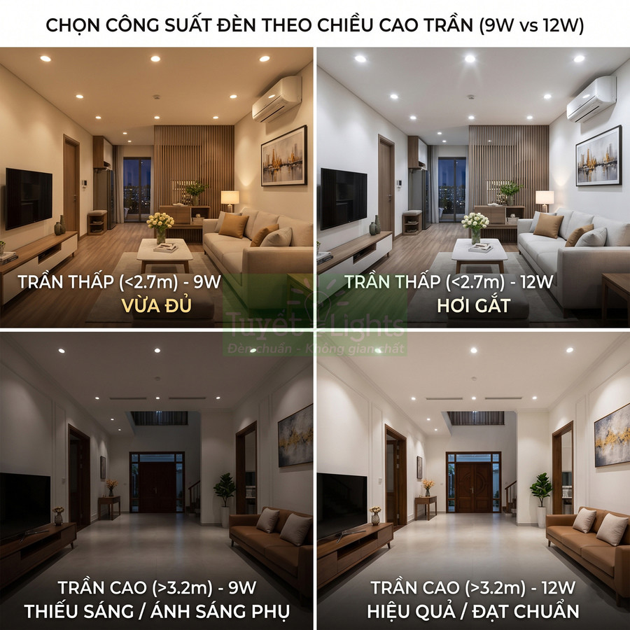 So sánh độ sáng đèn LED âm trần 9W và 12W cho phòng khách trần thấp và trần cao