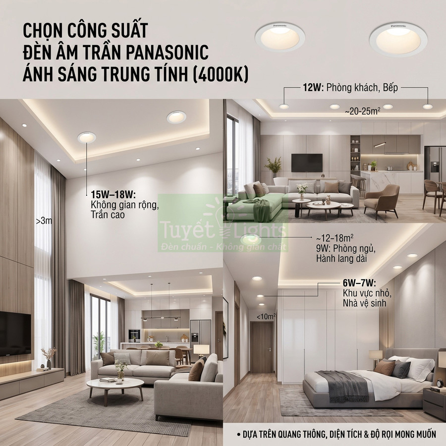 Đèn âm trần Panasonic ánh sáng trung tính 4000K lắp cho phòng khách, bếp, phòng ngủ và hành lang hiện đại