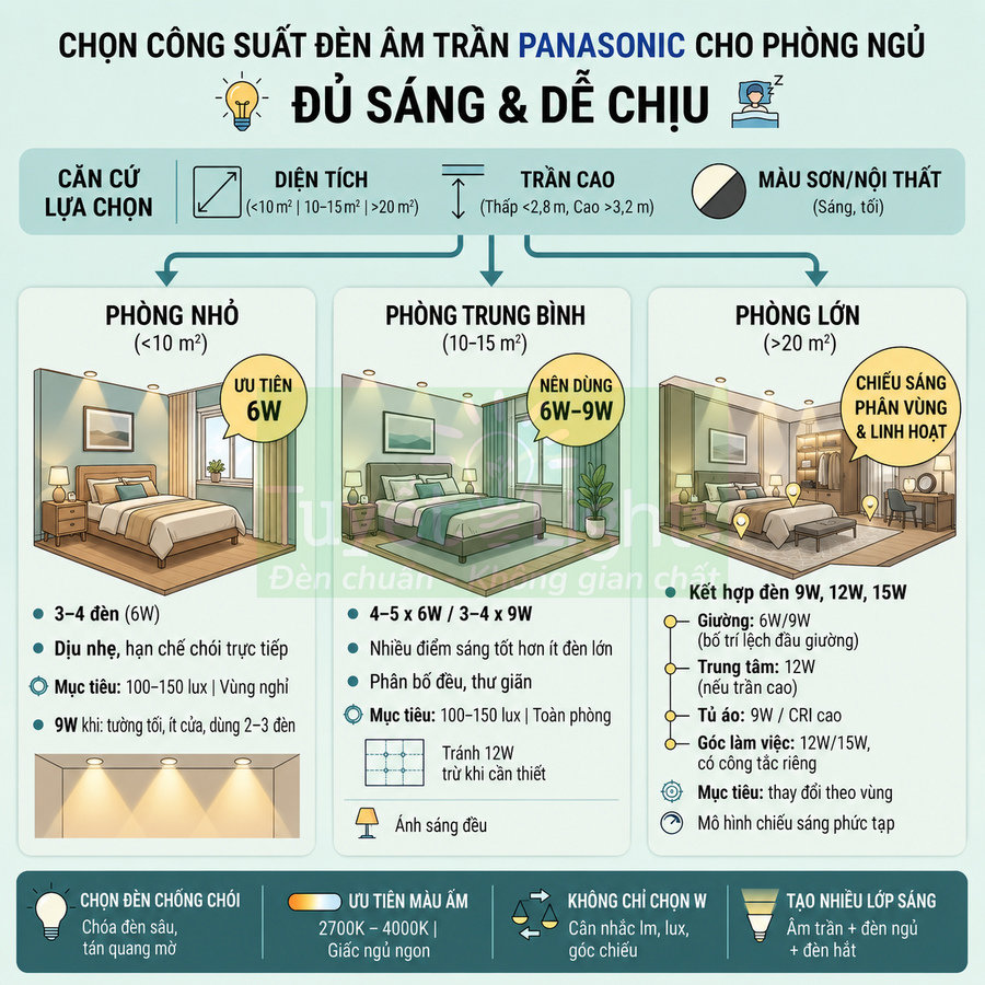 Hướng dẫn chọn công suất đèn âm trần Panasonic cho phòng ngủ theo diện tích và bố trí chiếu sáng