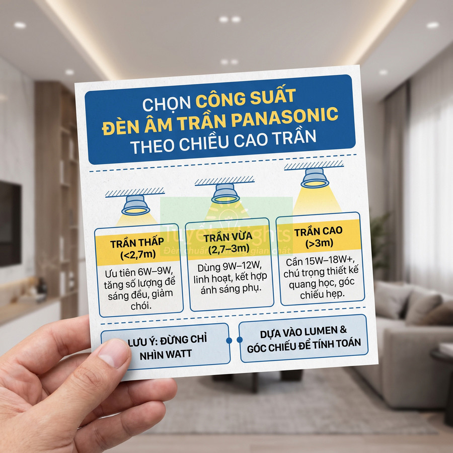 Tờ hướng dẫn chọn công suất đèn âm trần Panasonic theo chiều cao trần trong phòng khách hiện đại