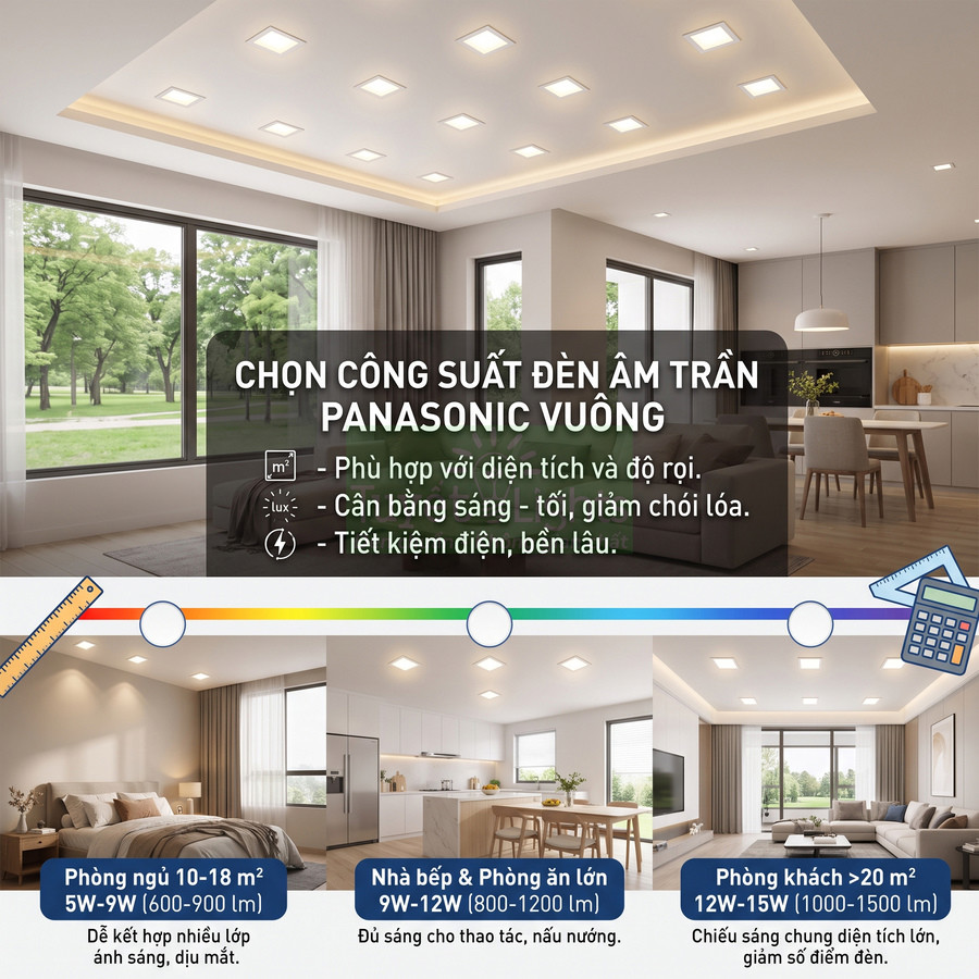 Đèn âm trần vuông Panasonic lắp trong phòng khách, phòng ngủ, nhà bếp với gợi ý chọn công suất theo diện tích phòng