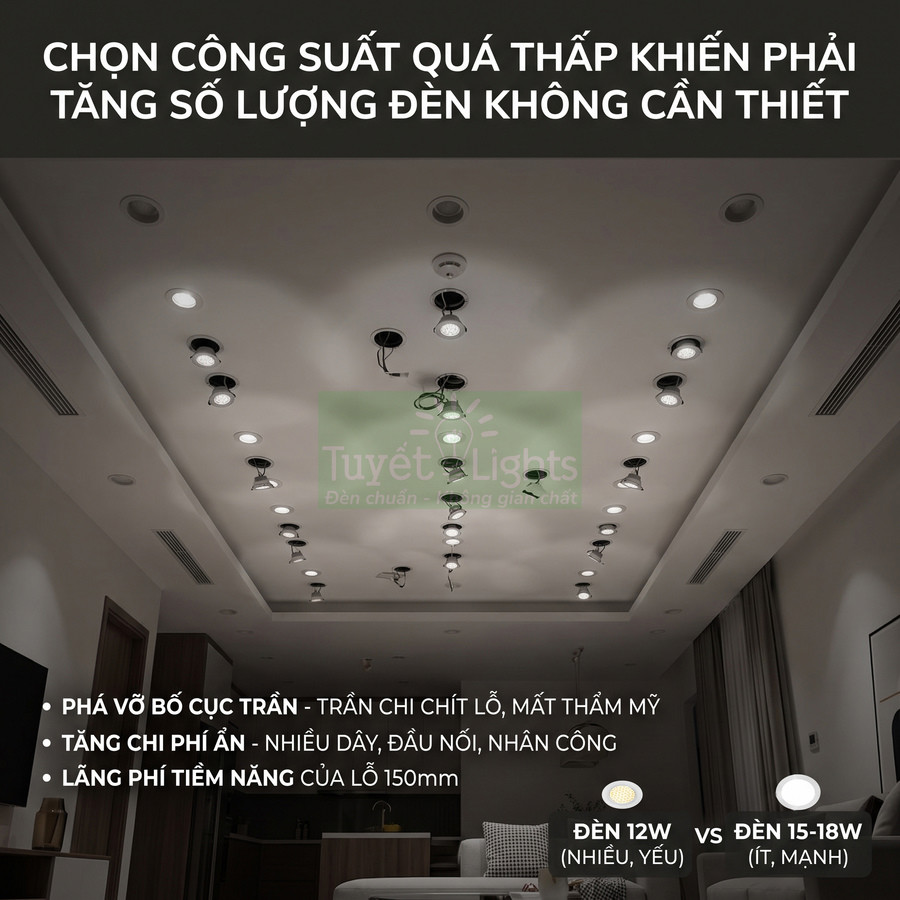 Trần phòng khách lắp nhiều đèn âm trần Tuyết Lights công suất thấp gây tốn kém và mất thẩm mỹ