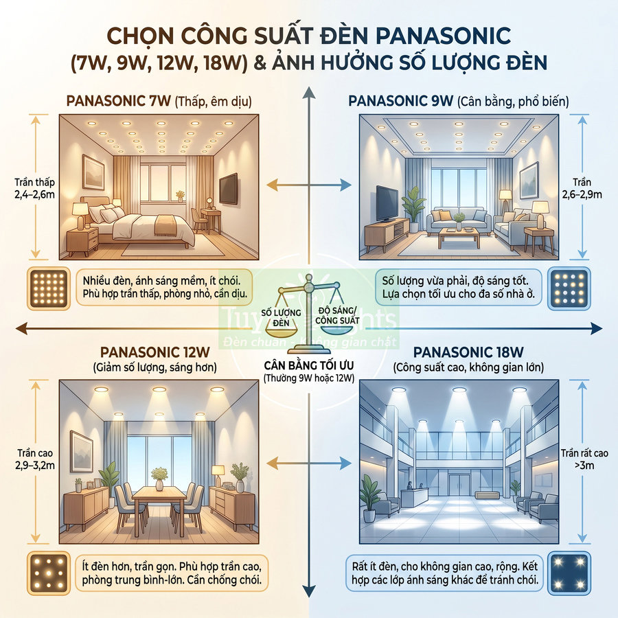 Infographic chọn công suất đèn LED Panasonic 7W 9W 12W 18W cho phòng ngủ phòng khách phòng ăn sảnh lớn