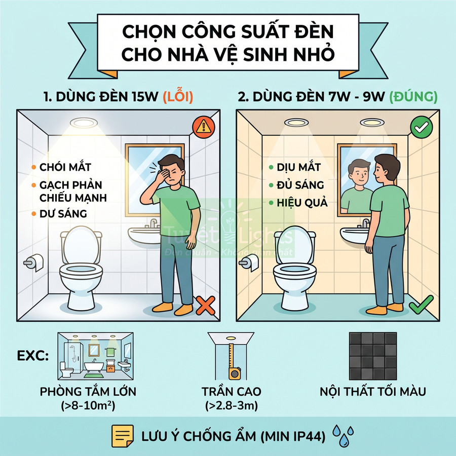 Hướng dẫn chọn công suất đèn LED 7W 9W cho nhà vệ sinh nhỏ, so sánh với đèn 15W chói mắt