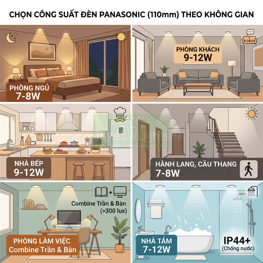 Hướng dẫn chọn công suất đèn Panasonic 110mm cho phòng ngủ, phòng khách, bếp, hành lang, phòng làm việc và nhà tắm