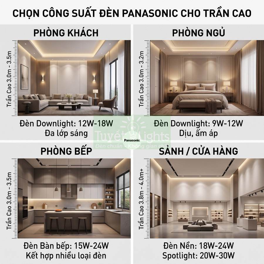 Hướng dẫn chọn công suất đèn Panasonic cho trần cao phòng khách, phòng ngủ, bếp và sảnh cửa hàng