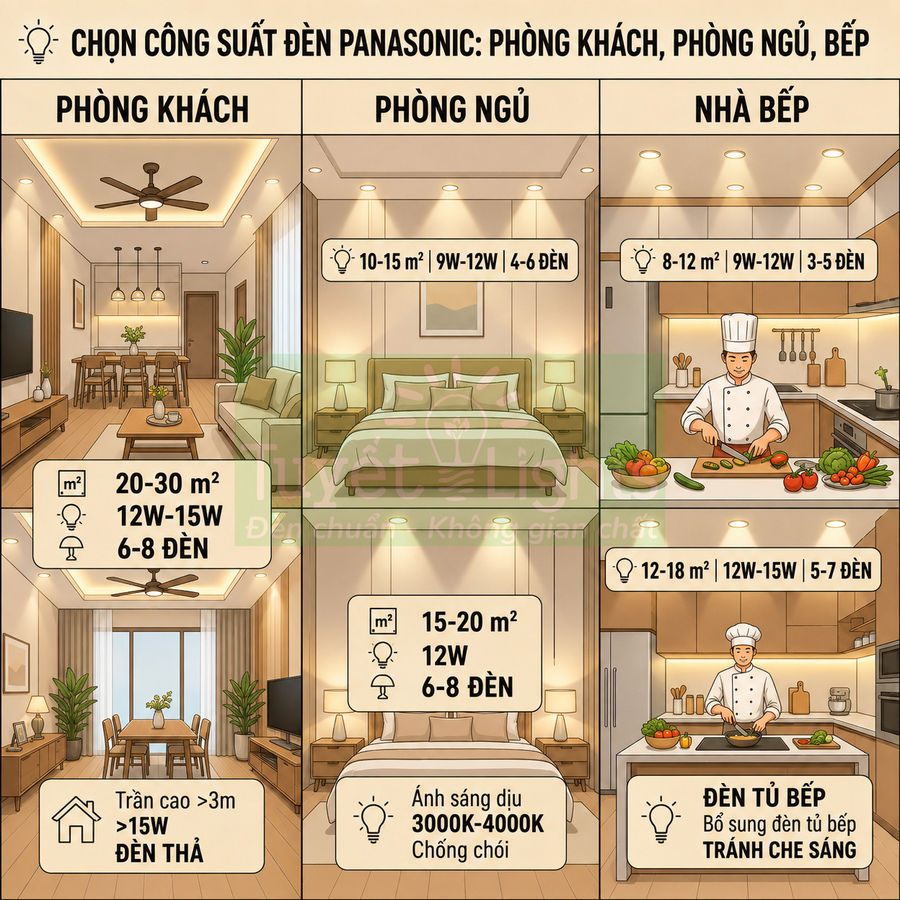 Hướng dẫn chọn công suất đèn LED Panasonic cho phòng khách, phòng ngủ và nhà bếp theo diện tích và số lượng đèn