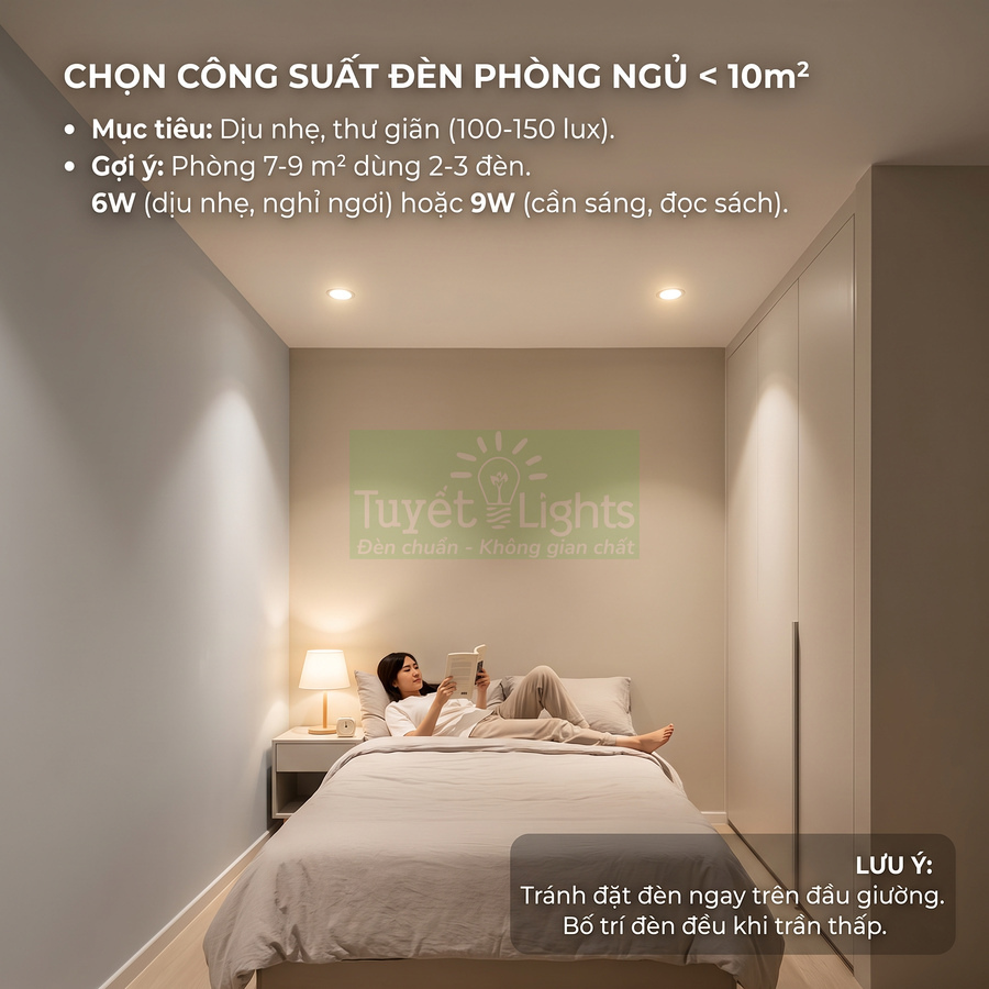 Phòng ngủ nhỏ sử dụng đèn âm trần Tuyết Lights ánh sáng dịu, người phụ nữ nằm đọc sách trên giường