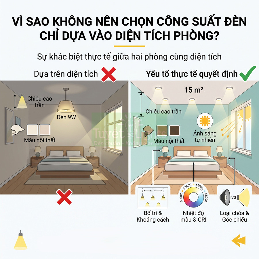 Minh họa so sánh hai phòng ngủ 15m2 với cách bố trí đèn LED, ánh sáng tự nhiên và nội thất khác nhau
