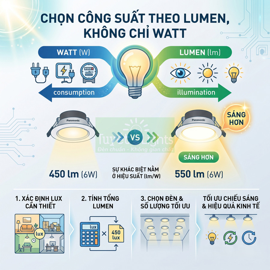 Đèn LED âm trần Panasonic 6W so sánh 450 lm và 550 lm, hướng dẫn chọn công suất theo lumen tiết kiệm điện