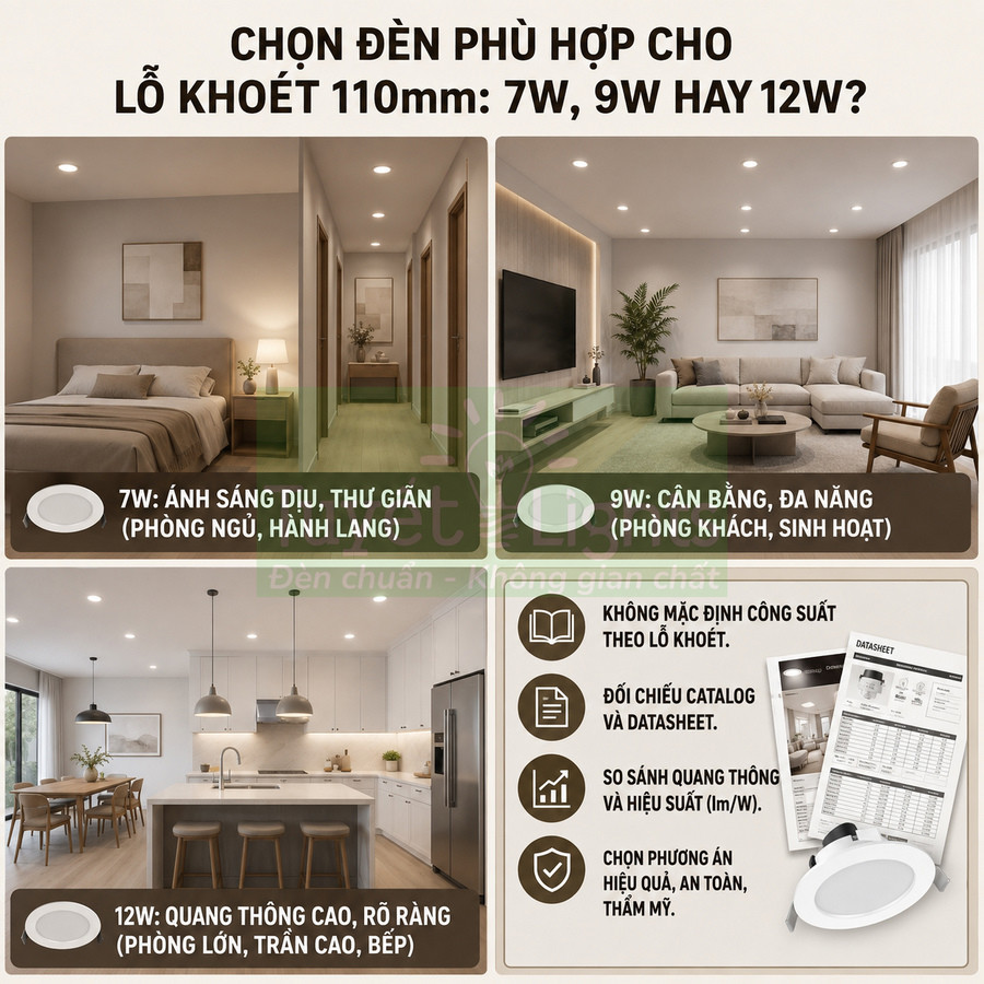 Đèn led âm trần tròn 7W 9W 12W cho phòng ngủ phòng khách bếp với gợi ý chọn công suất theo không gian