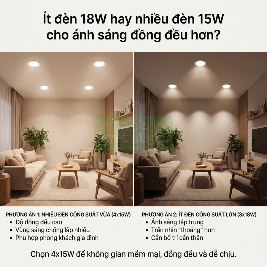 So sánh phòng khách dùng nhiều đèn âm trần 15W và ít đèn âm trần 18W để chọn ánh sáng đồng đều hơn