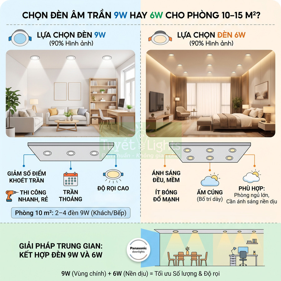 Infographic so sánh đèn âm trần Panasonic 9W và 6W cho phòng 10–15m2 và gợi ý cách bố trí ánh sáng