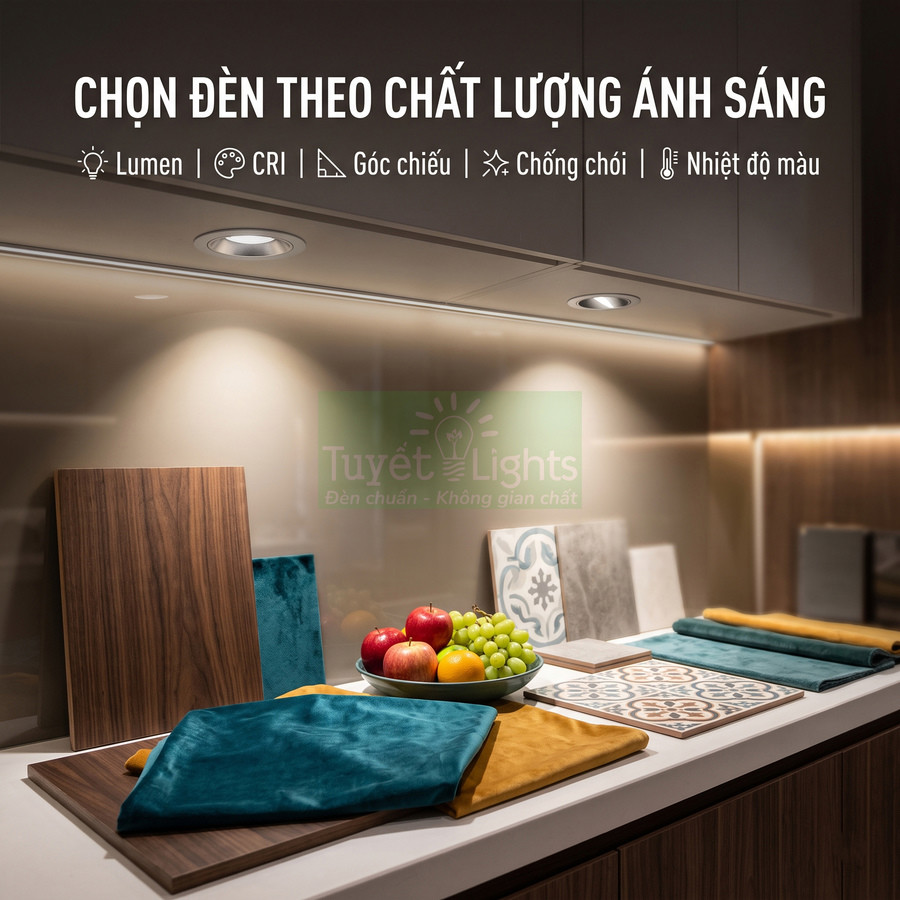 Đèn âm trần Tuyết Lights chiếu sáng bàn bếp với hoa quả và mẫu vật liệu trang trí