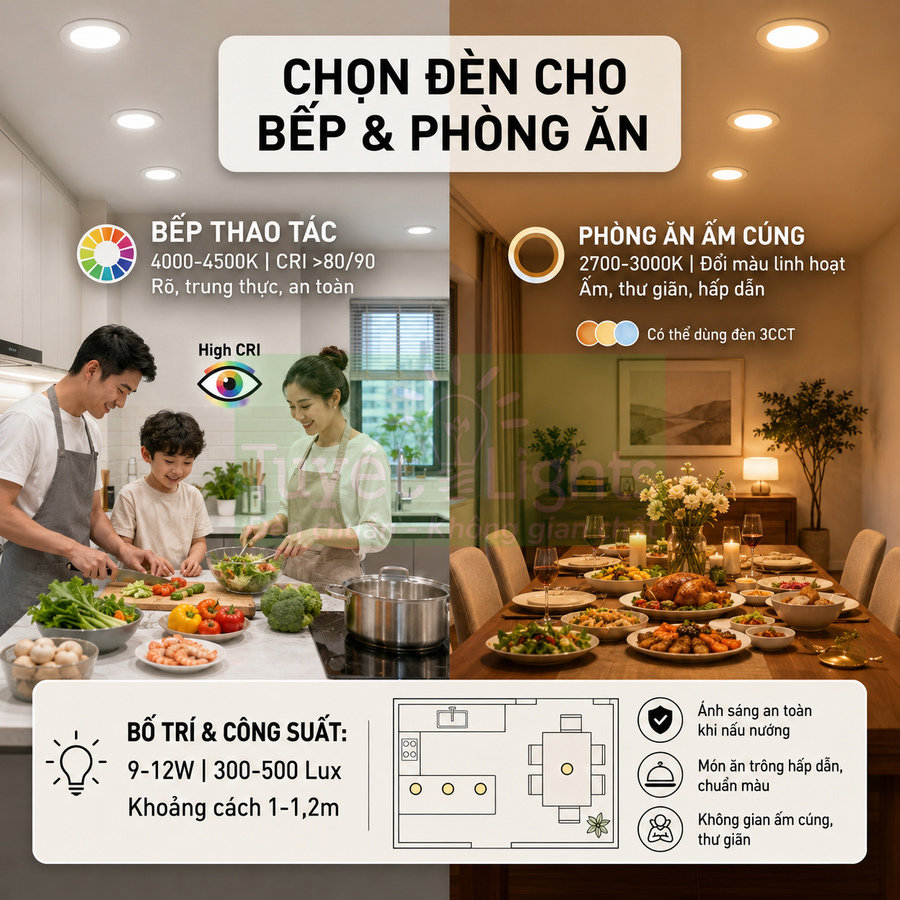 Đèn LED âm trần cho bếp và phòng ăn, ánh sáng trắng cho nấu nướng và vàng ấm cho bàn ăn gia đình