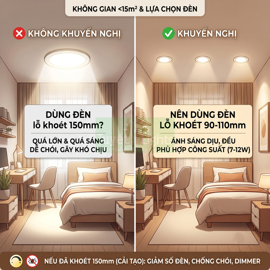 So sánh đèn âm trần lỗ khoét 150mm và 90 110mm cho phòng ngủ nhỏ dưới 15m2