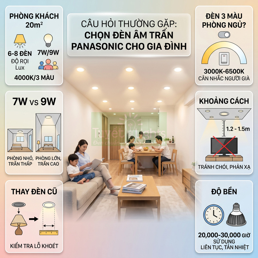 Hướng dẫn chọn đèn âm trần Panasonic cho phòng khách và phòng ăn gia đình, so sánh công suất và khoảng cách lắp đặt