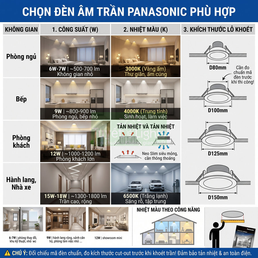 Hướng dẫn chọn đèn âm trần Panasonic cho phòng ngủ, bếp, phòng khách, hành lang và nhà xe theo công suất, nhiệt màu, kích thước