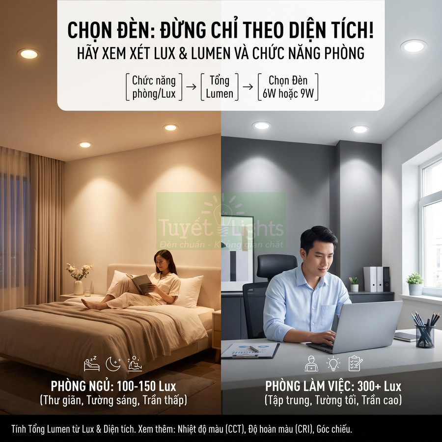 Đèn âm trần Tuyết Lights cho phòng ngủ thư giãn và phòng làm việc tập trung với mức lux phù hợp