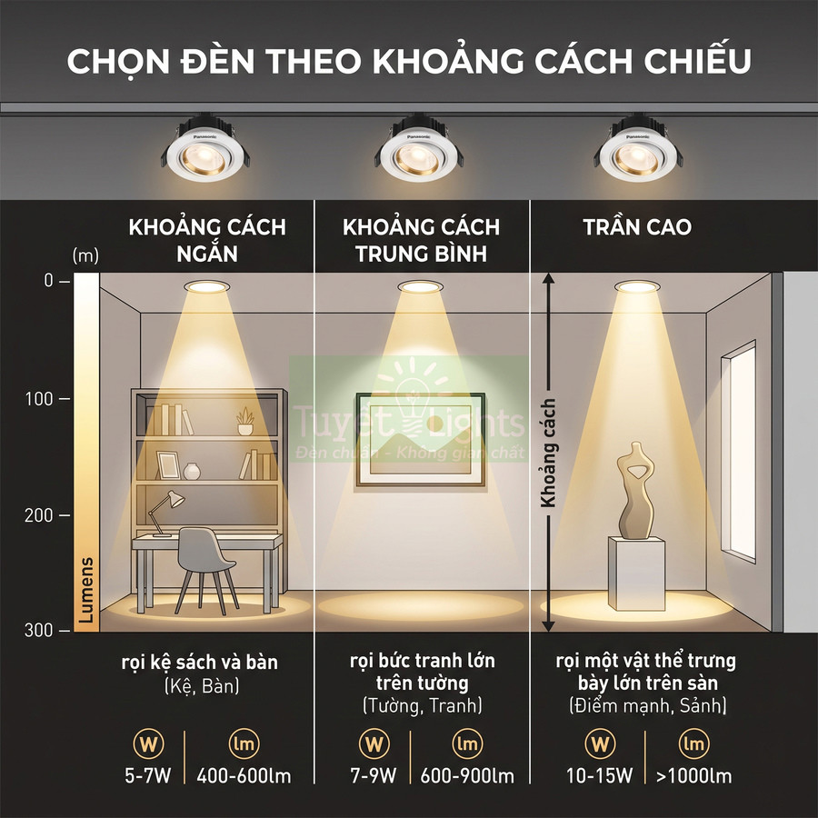 Hướng dẫn chọn đèn downlight âm trần theo khoảng cách chiếu cho kệ sách, tranh tường và vật trưng bày lớn