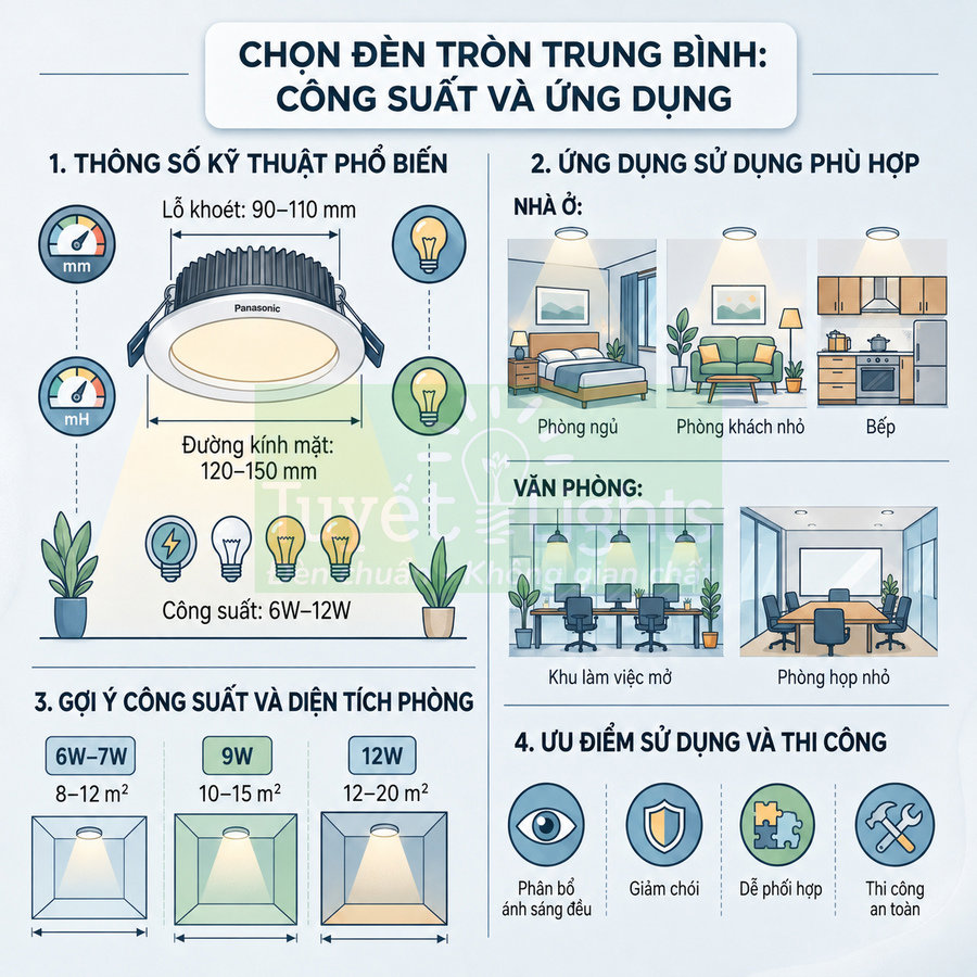 Đèn LED âm trần tròn Panasonic và hướng dẫn chọn công suất theo diện tích phòng ngủ, phòng khách, bếp, văn phòng