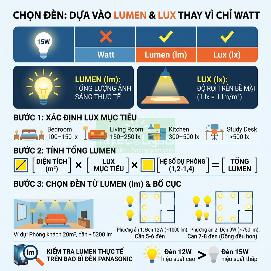 Hướng dẫn chọn đèn Panasonic dựa trên lumen và lux, cách tính tổng lumen và bố trí đèn cho từng phòng