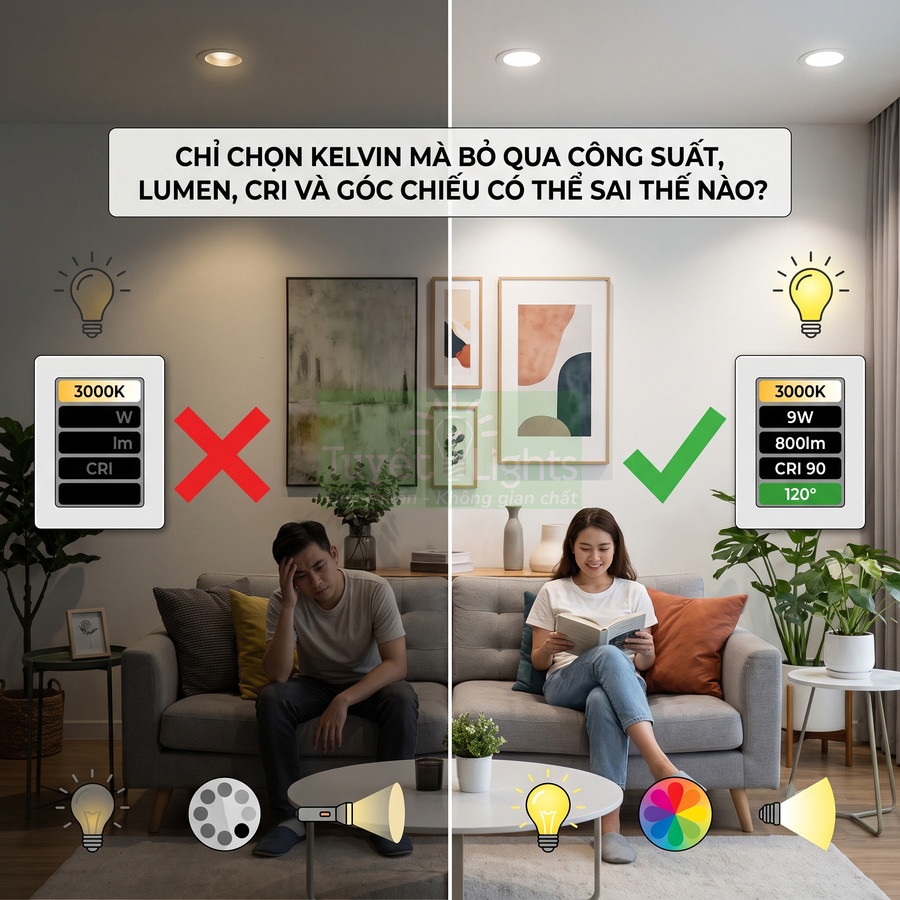 So sánh hai loại đèn LED 3000K trong phòng khách, bên phải sáng rõ nhờ công suất, lumen, CRI và góc chiếu phù hợp