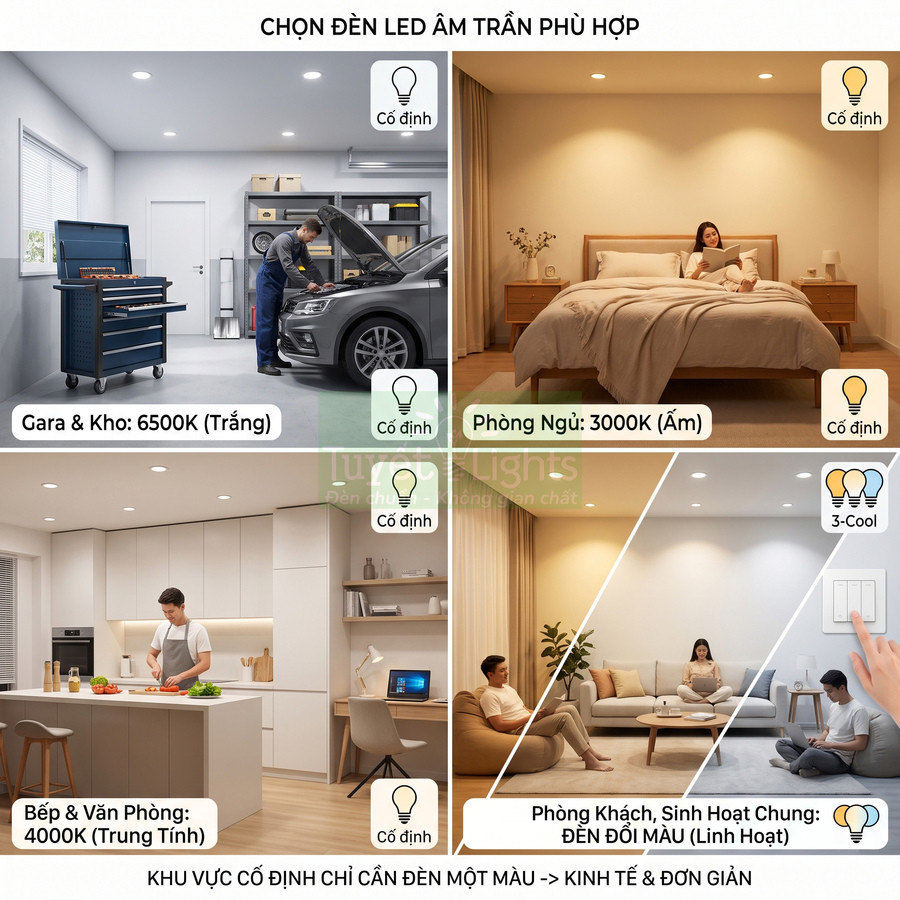 Hướng dẫn chọn đèn LED âm trần cho gara, phòng ngủ, bếp, phòng khách với các mức nhiệt màu khác nhau