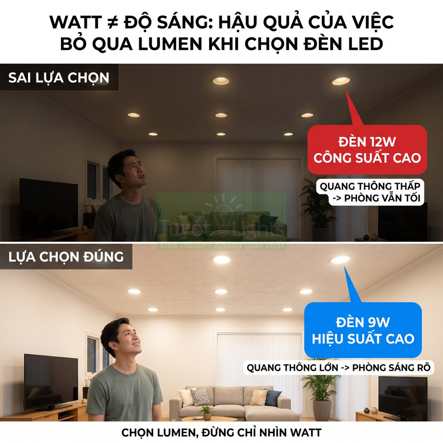 So sánh đèn LED 12W phòng tối và đèn LED 9W hiệu suất cao cho phòng khách sáng rõ