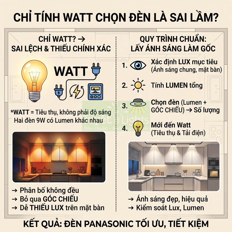 Infographic so sánh cách chọn đèn theo Watt và theo Lumen, minh họa giải pháp đèn Panasonic tối ưu ánh sáng, tiết kiệm điện