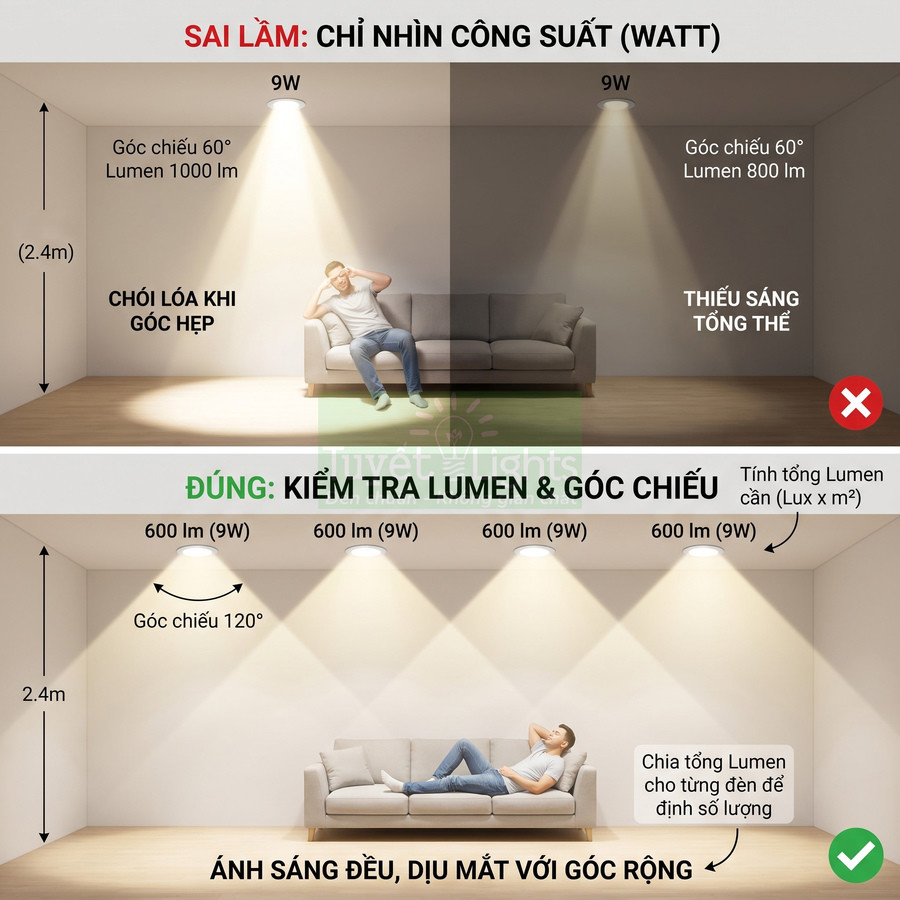 So sánh bố trí đèn LED âm trần 9W theo lumen và góc chiếu để có ánh sáng đều, dịu mắt trong phòng khách