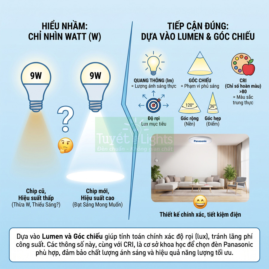 Đèn LED Panasonic hiệu suất cao với quang thông lớn và góc chiếu tối ưu cho phòng khách sáng đều, tiết kiệm điện