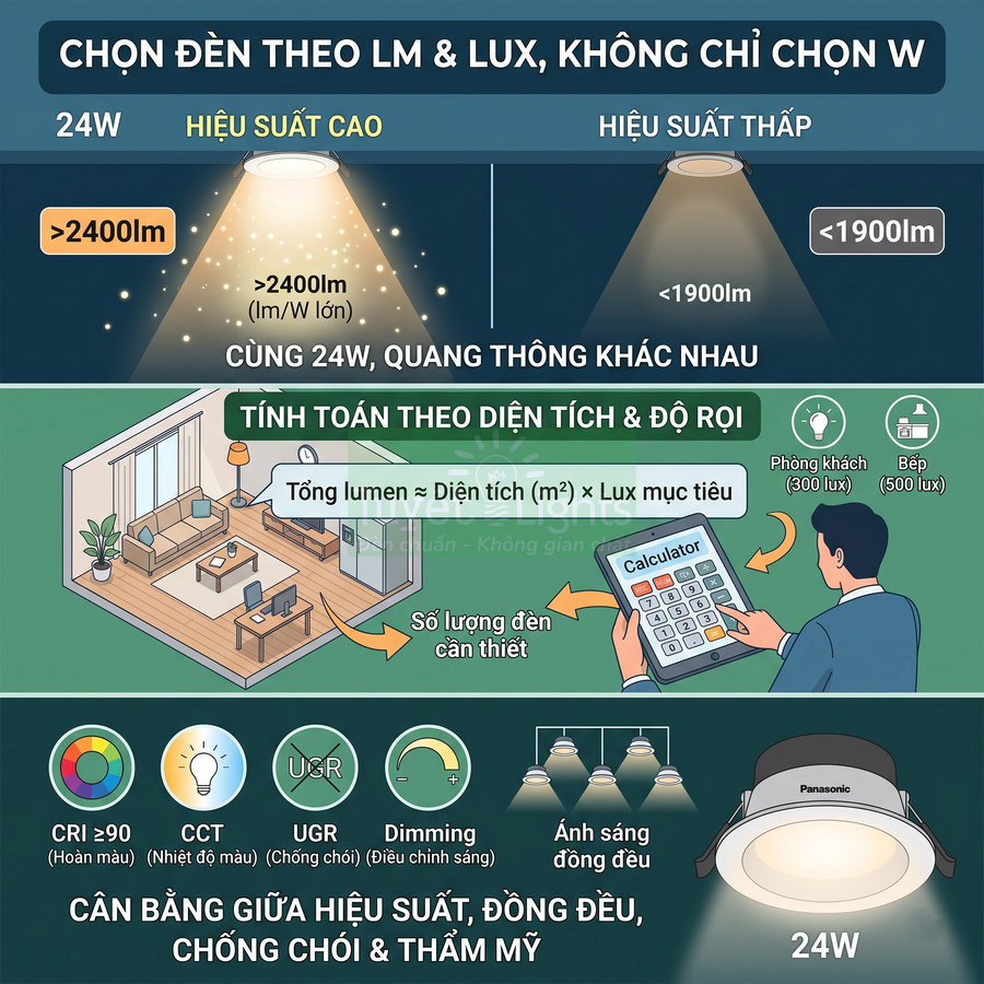 Đèn LED âm trần Panasonic 24W hiệu suất cao, ánh sáng đồng đều, hướng dẫn chọn theo lumen và lux